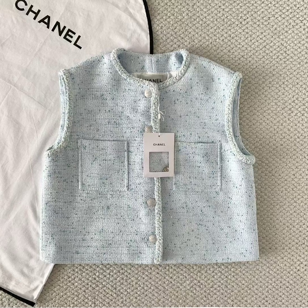 CHANEL Pastel Blue Tweed Sleeveless Jacket
